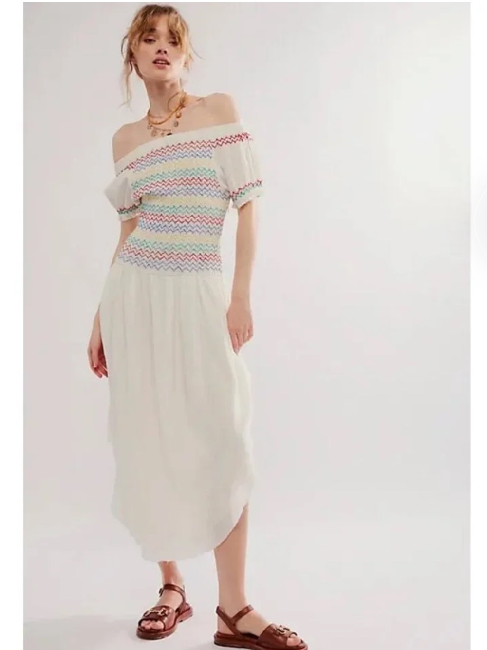 Free People Catch Me Midi Dress Size Large Off Shoulder Fitted Drop Waist Midi
